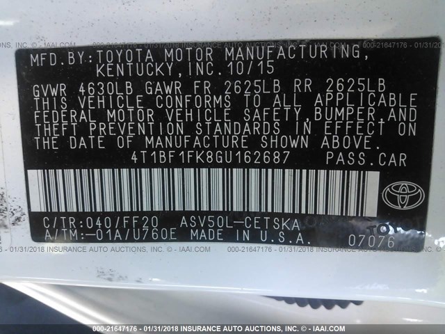 4T1BF1FK8GU162687 - 2016 TOYOTA CAMRY LE/XLE/SE/XSE Weiß Foto 9