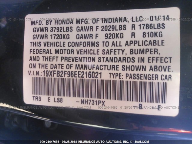 19XFB2F96EE216021 - 2014 HONDA CIVIC EXL 黑色 照片 9