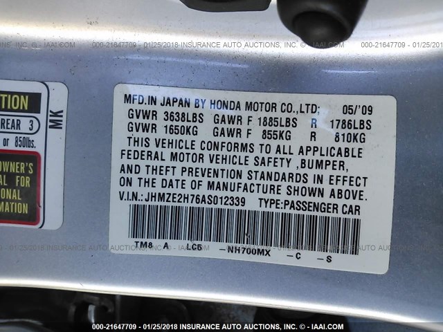 JHMZE2H76AS012339 - 2010 HONDA INSIGHT EX SILVER photo 9