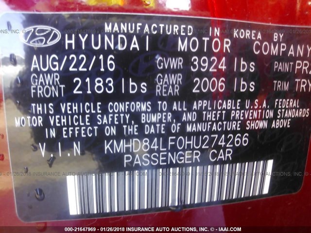 KMHD84LF0HU274266 - 2017 HYUNDAI ELANTRA SE/VALUE/LIMITED RED photo 9