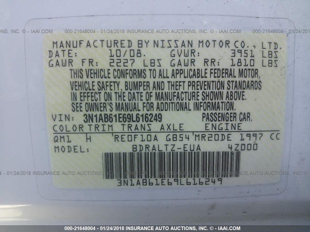 3N1AB61E69L616249 - 2009 NISSAN SENTRA 2.0/2.0S/2.0SL WHITE photo 9