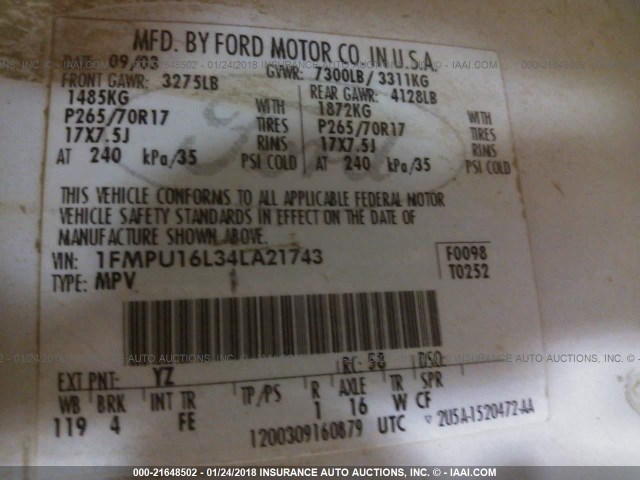 1FMPU16L34LA21743 - 2004 FORD EXPEDITION XLT WHITE photo 9