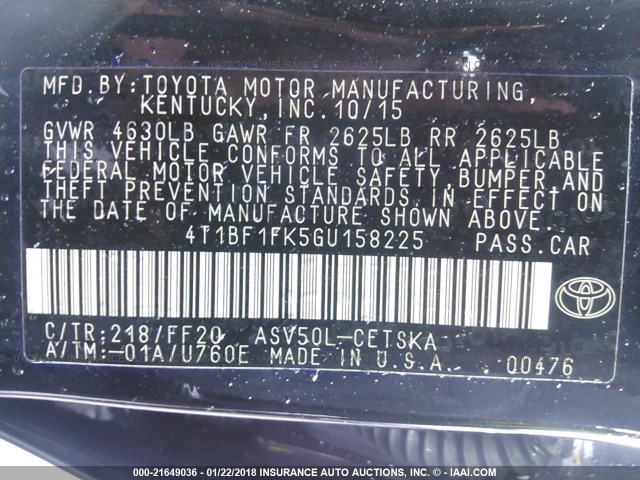 4T1BF1FK5GU158225 - 2016 TOYOTA CAMRY LE/XLE/SE/XSE BLACK photo 9