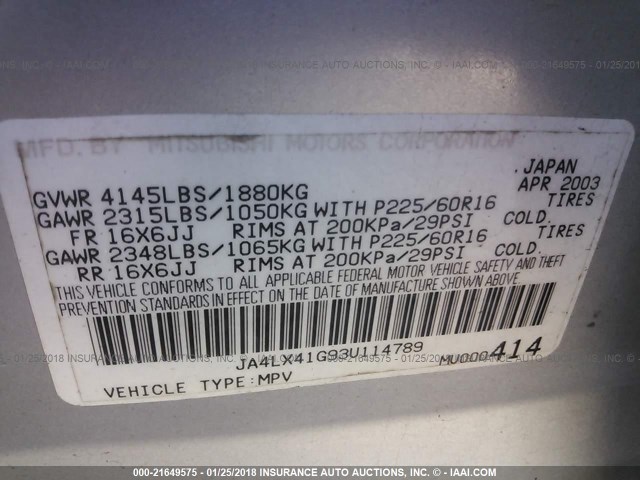 JA4LX41G93U114789 - 2003 MITSUBISHI OUTLANDER XLS SILVER photo 9