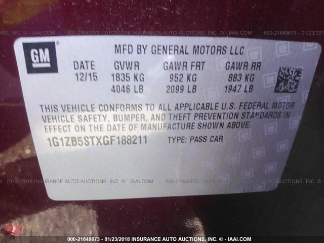 1G1ZB5STXGF188211 - 2016 CHEVROLET MALIBU LS 勃艮第红 照片 9