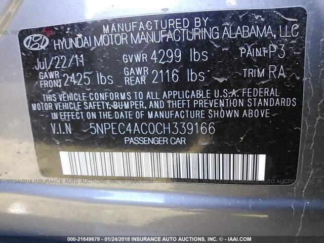 5NPEC4AC0CH339166 - 2012 HYUNDAI SONATA SE/LIMITED GRAY photo 9