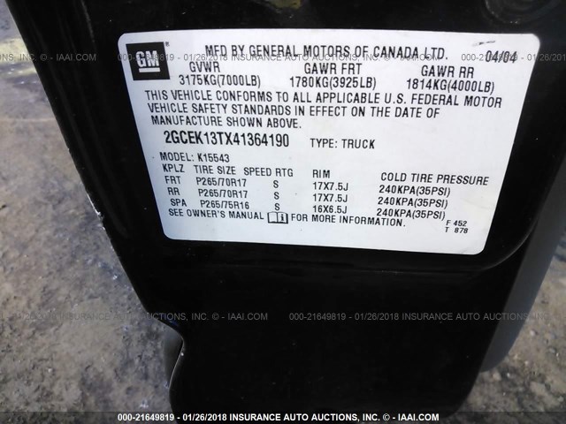 2GCEK13TX41364190 - 2004 CHEVROLET SILVERADO K1500 BLACK photo 9