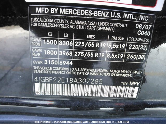 4JGBF22E18A307285 - 2008 MERCEDES-BENZ GL 320 CDI BLACK photo 9