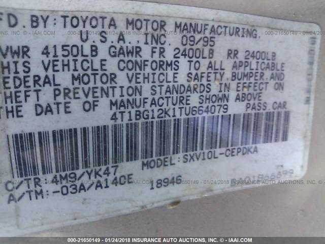 4T1BG12K1TU664079 - 1996 TOYOTA CAMRY DX/LE/XLE BEIGE photo 9