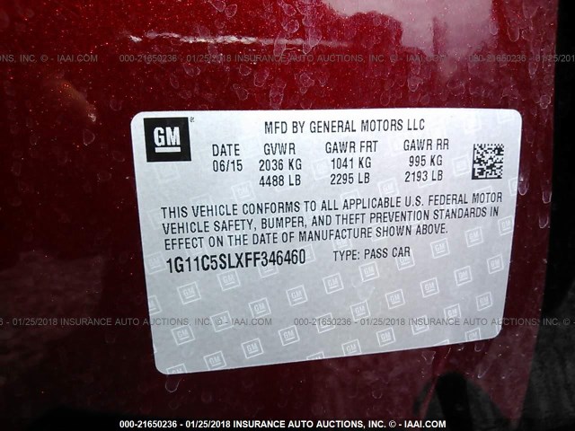 1G11C5SLXFF346460 - 2015 CHEVROLET MALIBU 1LT 勃艮第红 照片 9