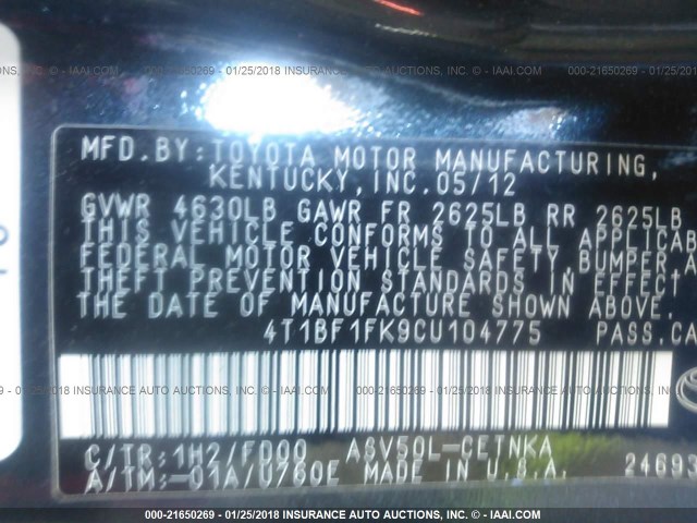 4T1BF1FK9CU104775 - 2012 TOYOTA CAMRY SE/LE/XLE 银色 照片 9