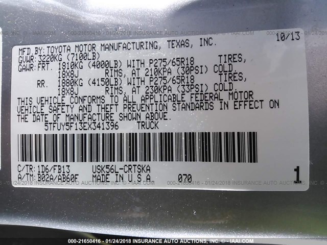 5TFUY5F13EX341396 - 2014 TOYOTA TUNDRA DOUBLE CAB SR/SR5 SILVER photo 9