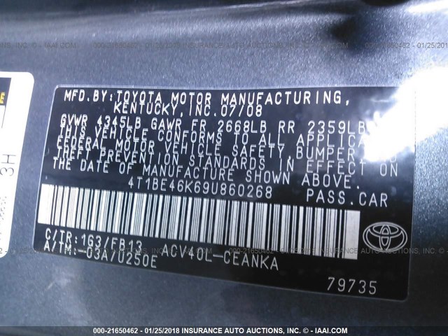 4T1BE46K69U860268 - 2009 TOYOTA CAMRY SE/LE/XLE GRAY photo 9
