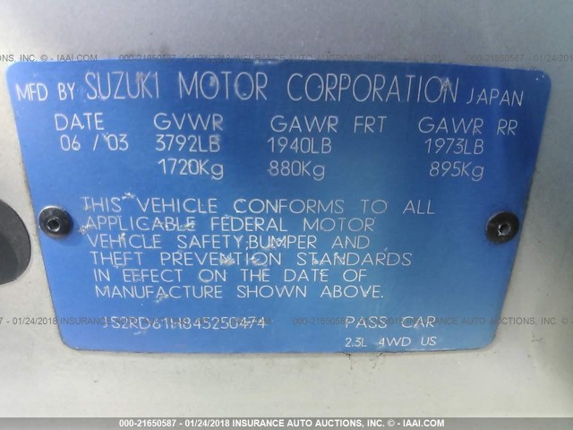 JS2RD61H845250474 - 2004 SUZUKI AERIO SX SILVER photo 9