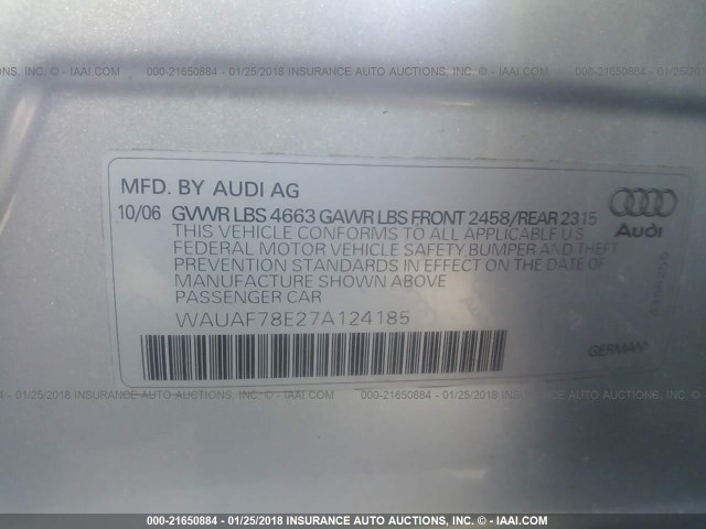 WAUAF78E27A124185 - 2007 AUDI A4 2/TURBO SILVER photo 9