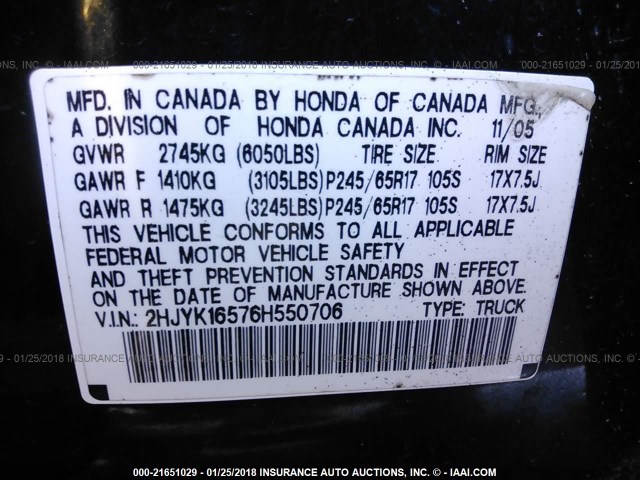 2HJYK16576H550706 - 2006 HONDA RIDGELINE RTL BLACK photo 9