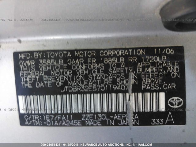 JTDBR32E570119407 - 2007 TOYOTA COROLLA CE/LE/S SILVER photo 9