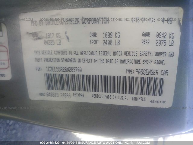 1C3EL55R26N283700 - 2006 CHRYSLER SEBRING TOURING GRAY photo 9