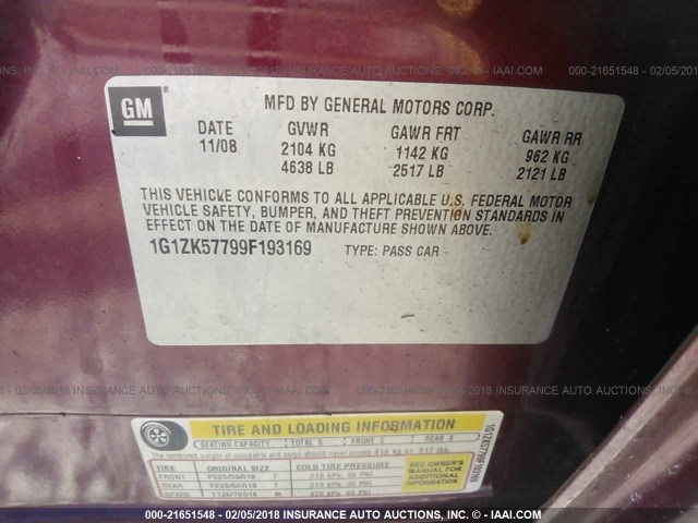 1G1ZK57799F193169 - 2009 CHEVROLET MALIBU LTZ ბურგუნდია ფოტო 9