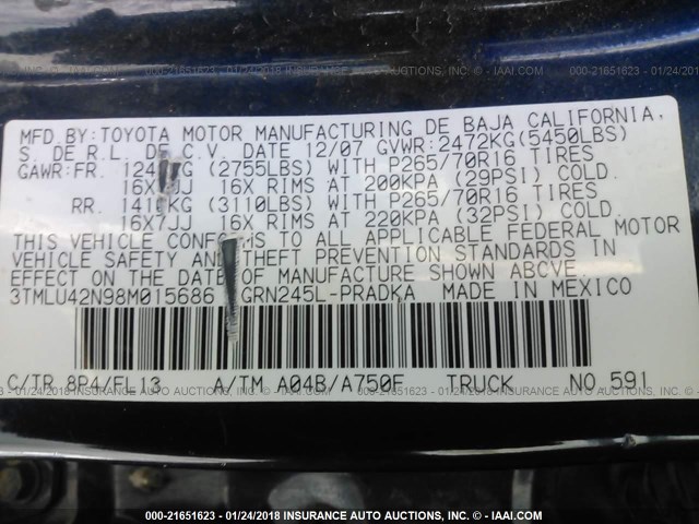 3TMLU42N98M015686 - 2008 TOYOTA TACOMA DOUBLE CAB ლურჯი ფოტო 9