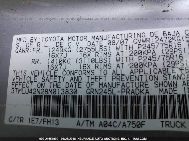 3TMLU42N28M013830 - 2008 TOYOTA TACOMA DOUBLE CAB ვერცხლისფერი ფოტო 9