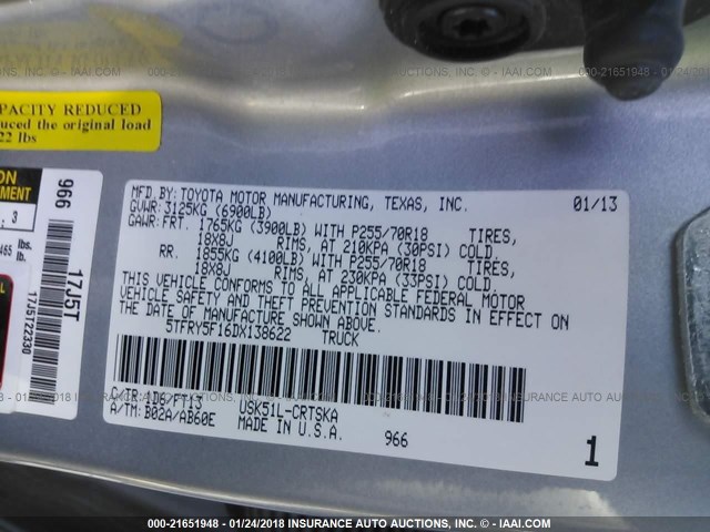 5TFRY5F16DX138622 - 2013 TOYOTA TUNDRA DOUBLE CAB SR5 SILVER photo 9
