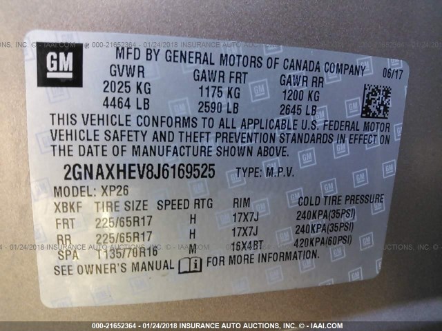 2GNAXHEV8J6169525 - 2018 CHEVROLET EQUINOX LS BROWN photo 9