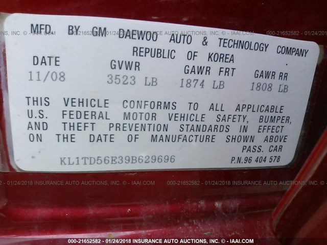 KL1TD56E39B629696 - 2009 CHEVROLET AVEO LS/LT RED photo 9