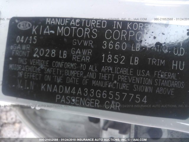 KNADM4A33G6557754 - 2016 KIA RIO LX WHITE photo 9