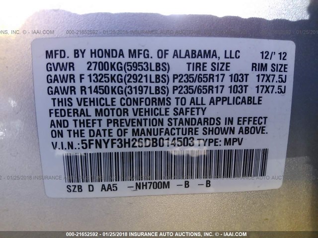 5FNYF3H26DB014503 - 2013 HONDA PILOT LX SILVER photo 9