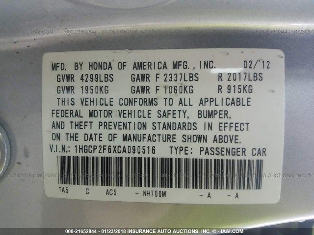 1HGCP2F6XCA090516 - 2012 HONDA ACCORD SE SILVER photo 9