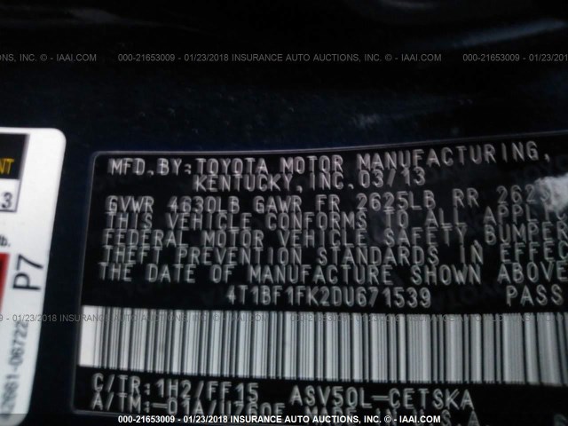 4T1BF1FK2DU671539 - 2013 TOYOTA CAMRY L/SE/LE/XLE BLUE photo 9