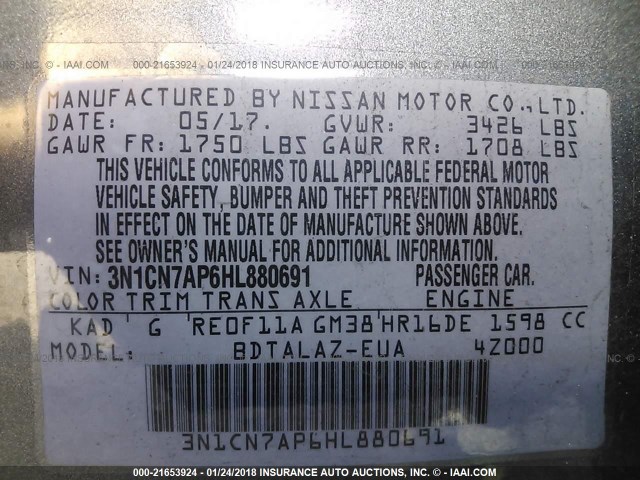 3N1CN7AP6HL880691 - 2017 NISSAN VERSA S/S PLUS/SV/SL GRAY photo 9