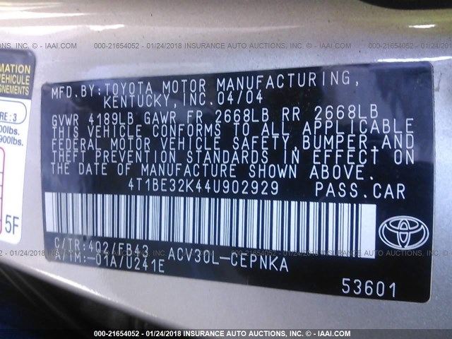 4T1BE32K44U902929 - 2004 TOYOTA CAMRY LE/XLE/SE 金色 照片 9