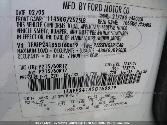 1FAFP24185G160619 - 2005 FORD FIVE HUNDRED SEL WHITE photo 9