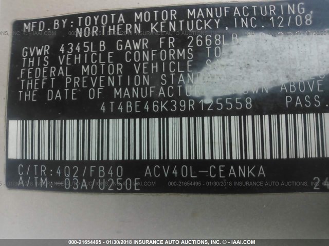4T4BE46K39R125558 - 2009 TOYOTA CAMRY SE/LE/XLE TAN photo 9