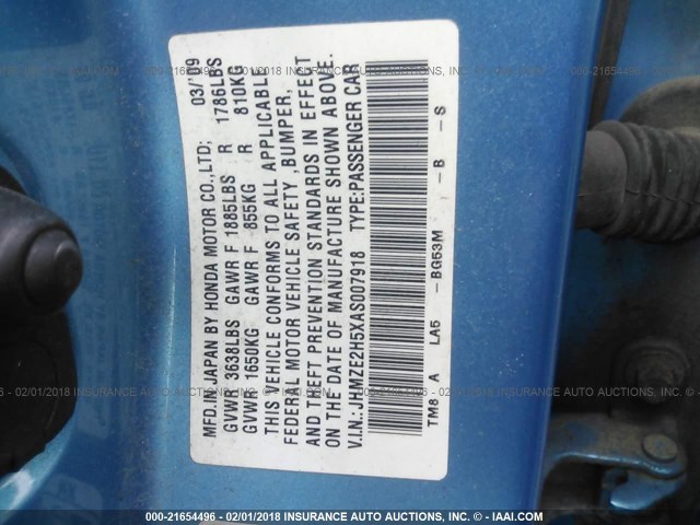 JHMZE2H5XAS007918 - 2010 HONDA INSIGHT LX Light Blue photo 9