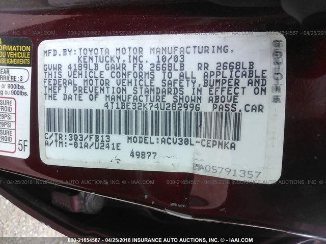 4T1BE32K74U282996 - 2004 TOYOTA CAMRY LE/XLE/SE RED photo 9