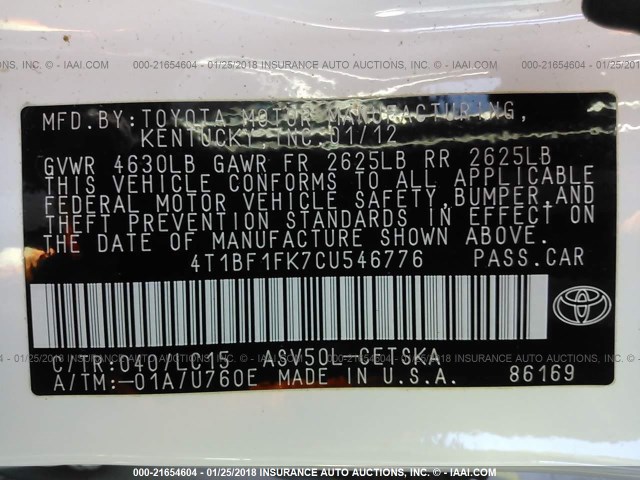 4T1BF1FK7CU546776 - 2012 TOYOTA CAMRY SE/LE/XLE WHITE photo 9