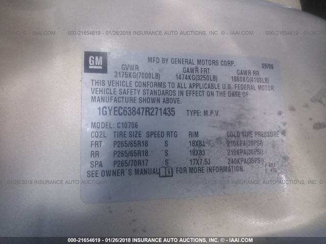 1GYEC63847R271435 - 2007 CADILLAC ESCALADE LUXURY Qızıl foto 9