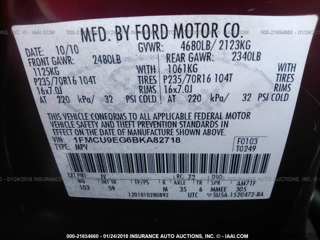 1FMCU9EG6BKA82718 - 2011 FORD ESCAPE LIMITED RED photo 9