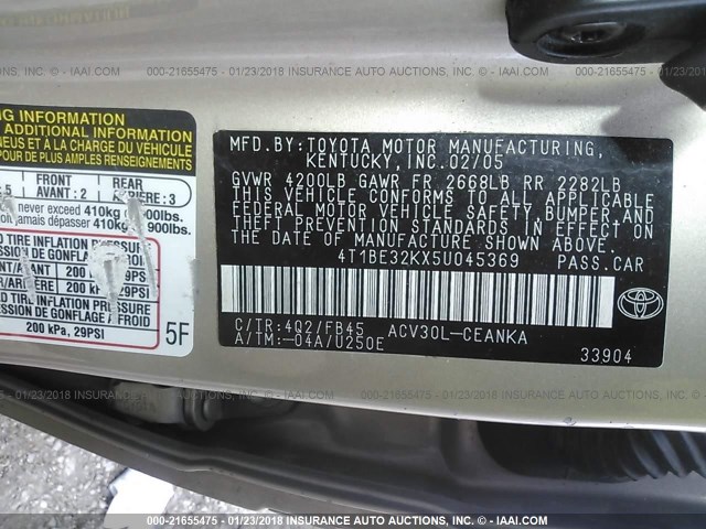 4T1BE32KX5U045369 - 2005 TOYOTA CAMRY LE/XLE/SE ბეჟი ფოტო 9