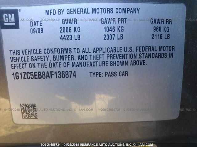 1G1ZC5EB8AF136874 - 2010 CHEVROLET MALIBU 1LT 锡色 照片 9