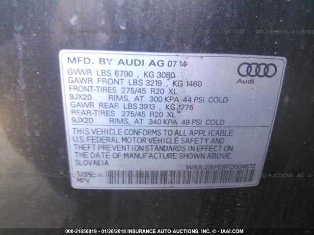 WA1LGBFE8FD004672 - 2015 AUDI Q7 PREMIUM PLUS GRAY photo 9