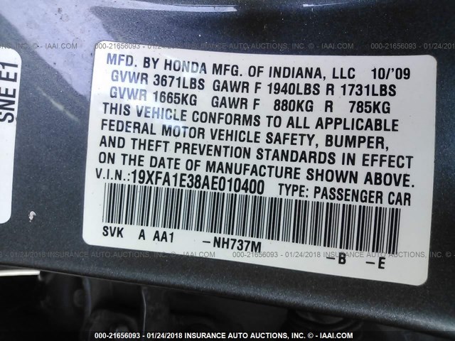 19XFA1E38AE010400 - 2010 HONDA CIVIC VP GRAY photo 9