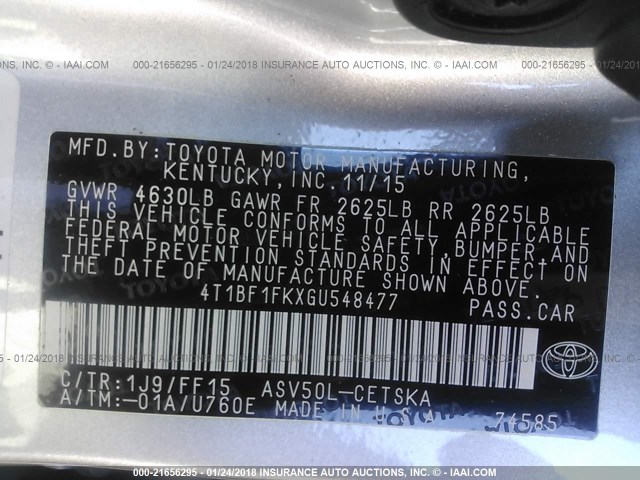 4T1BF1FKXGU548477 - 2016 TOYOTA CAMRY LE/XLE/SE/XSE ვერცხლისფერი ფოტო 9