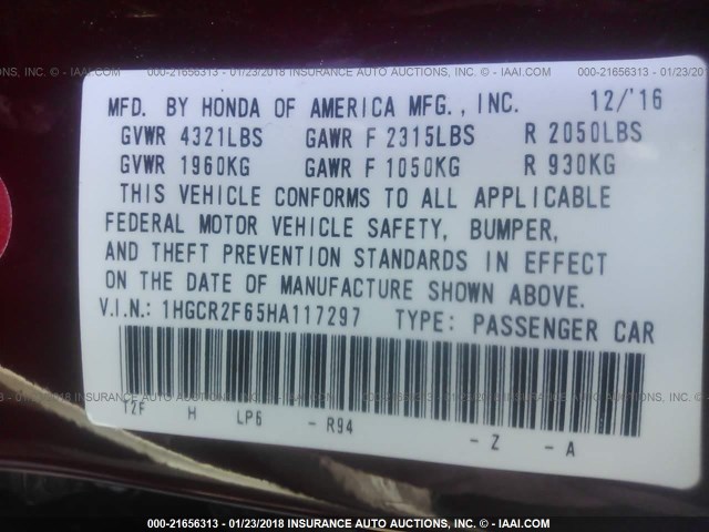 1HGCR2F65HA117297 - 2017 HONDA ACCORD SPORT 红色 照片 9