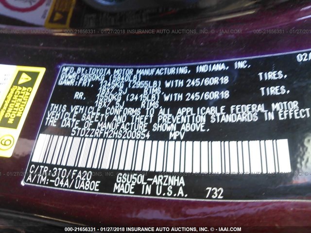 5TDZZRFH2HS200854 - 2017 TOYOTA HIGHLANDER LE/LE PLUS BURGUNDY photo 9