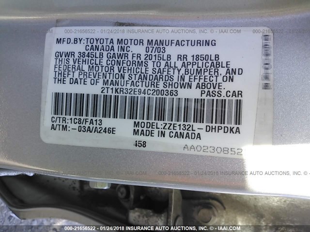 2T1KR32E94C200363 - 2004 TOYOTA COROLLA MATRIX XR GRAY photo 9