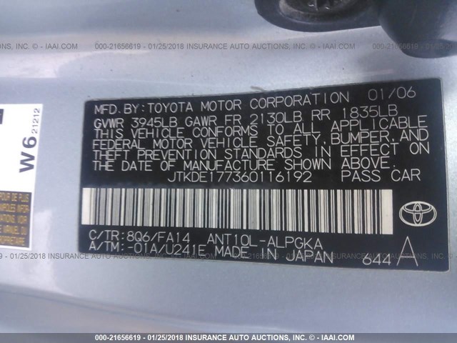 JTKDE177360116192 - 2006 TOYOTA SCION TC 黑色 照片 9